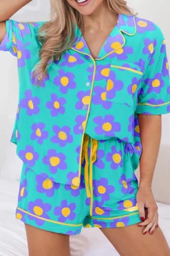 Outlet Dear-Lover Flower Print Short Sleeve Shirt Pajamas Set Green