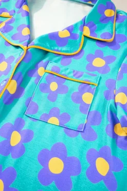 Outlet Dear-Lover Flower Print Short Sleeve Shirt Pajamas Set Green