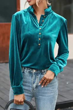 Sale Dear-Lover Frilled Neck Buttoned Front Velvet Top Green