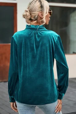 Sale Dear-Lover Frilled Neck Buttoned Front Velvet Top Green