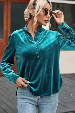 Sale Dear-Lover Frilled Neck Buttoned Front Velvet Top Green