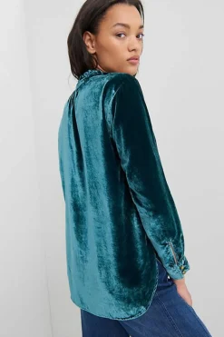 Sale Dear-Lover Frilled Neck Buttoned Front Velvet Top Green