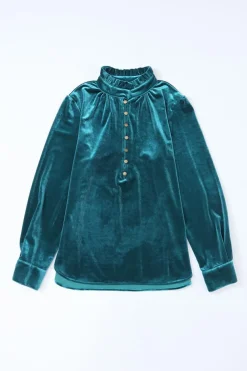 Sale Dear-Lover Frilled Neck Buttoned Front Velvet Top Green