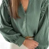 Outlet Dear-Lover Frilled Split Neck Crinkled Shirt Green