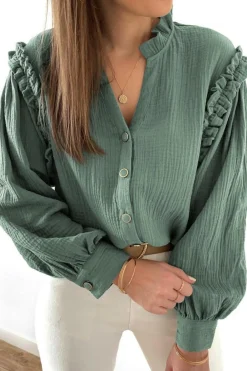 Outlet Dear-Lover Frilled Split Neck Crinkled Shirt Green