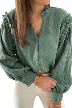 Outlet Dear-Lover Frilled Split Neck Crinkled Shirt Green