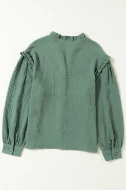 Outlet Dear-Lover Frilled Split Neck Crinkled Shirt Green