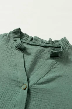 Outlet Dear-Lover Frilled Split Neck Crinkled Shirt Green
