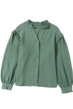 Outlet Dear-Lover Frilled Split Neck Crinkled Shirt Green