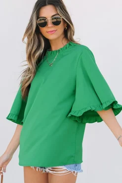Fashion Dear-Lover Frilly Round Neck Wide Half Sleeve Blouse Green