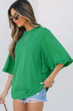 Fashion Dear-Lover Frilly Round Neck Wide Half Sleeve Blouse Green