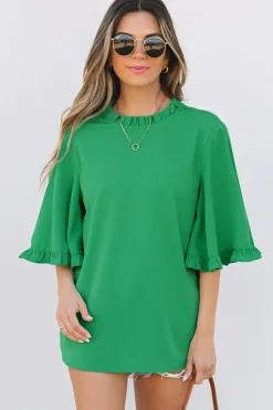 Fashion Dear-Lover Frilly Round Neck Wide Half Sleeve Blouse Green