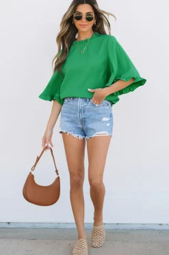 Fashion Dear-Lover Frilly Round Neck Wide Half Sleeve Blouse Green