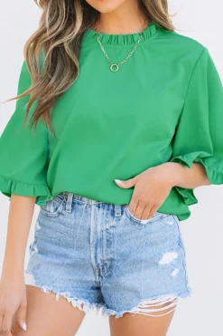 Fashion Dear-Lover Frilly Round Neck Wide Half Sleeve Blouse Green