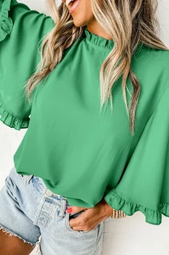 Fashion Dear-Lover Frilly Round Neck Wide Half Sleeve Blouse Green