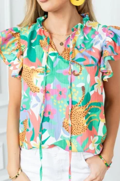 Clearance Dear-Lover Frilly Ruffle Tie Split Neck Summer Floral Blouse Green