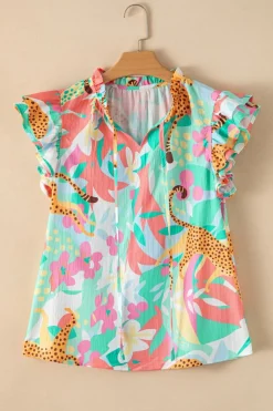 Clearance Dear-Lover Frilly Ruffle Tie Split Neck Summer Floral Blouse Green
