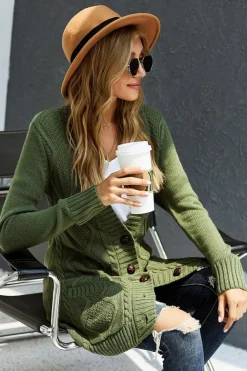 Discount Dear-Lover Front Pocket and Buttons Closure Cardigan Green