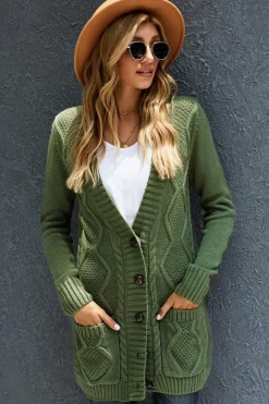 Discount Dear-Lover Front Pocket and Buttons Closure Cardigan Green