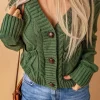 Fashion Dear-Lover Front Pockets Buttons Textured Cardigan Green