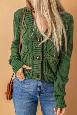 Fashion Dear-Lover Front Pockets Buttons Textured Cardigan Green