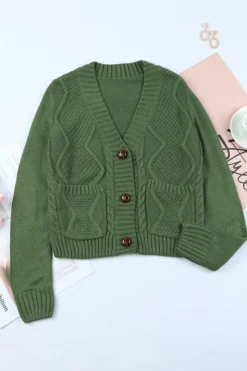 Fashion Dear-Lover Front Pockets Buttons Textured Cardigan Green