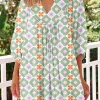 Hot Dear-Lover Geometric Floral Print 3/4 Sleeve Notched Neck Mini Dress Green