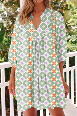 Hot Dear-Lover Geometric Floral Print 3/4 Sleeve Notched Neck Mini Dress Green