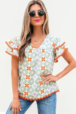 Sale Dear-Lover Geometric Floral Print Layered Flutter Sleeve V Neck Ric Rac Trim Blouse Green