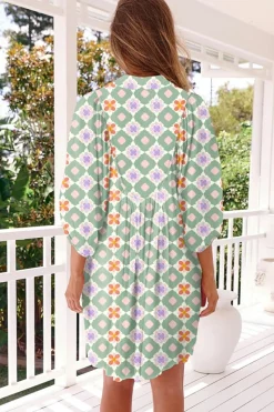 Hot Dear-Lover Geometric Floral Print 3/4 Sleeve Notched Neck Mini Dress Green