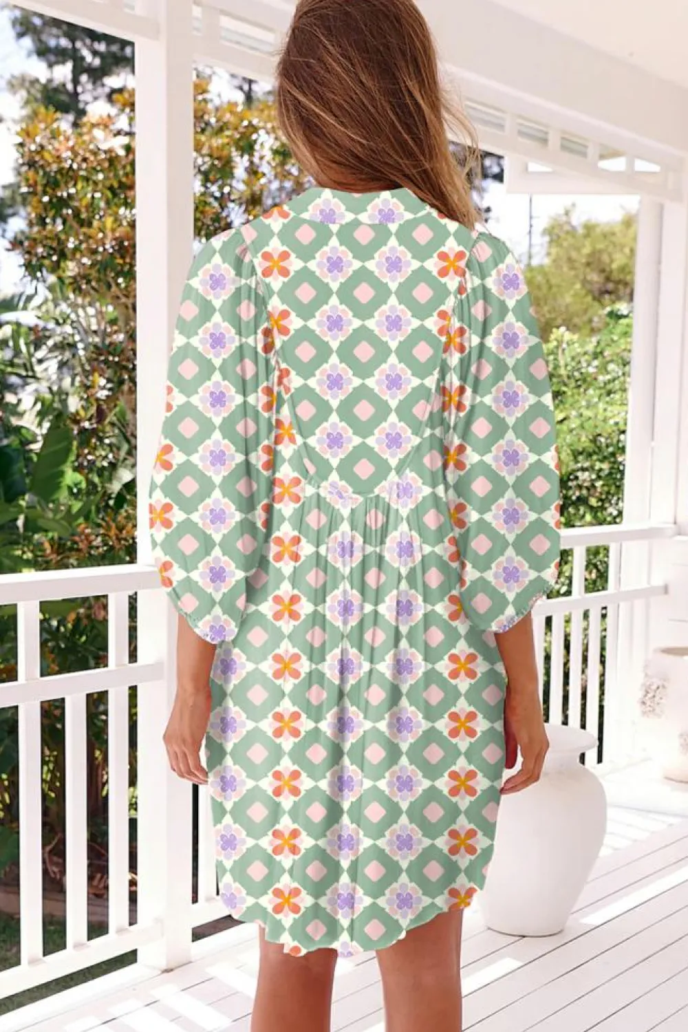 Hot Dear-Lover Geometric Floral Print 3/4 Sleeve Notched Neck Mini Dress Green