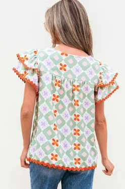 Sale Dear-Lover Geometric Floral Print Layered Flutter Sleeve V Neck Ric Rac Trim Blouse Green