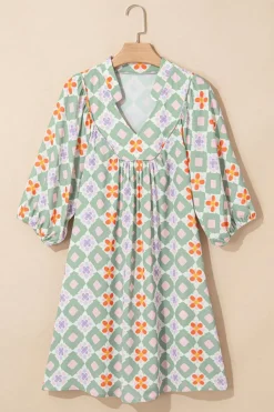 Hot Dear-Lover Geometric Floral Print 3/4 Sleeve Notched Neck Mini Dress Green