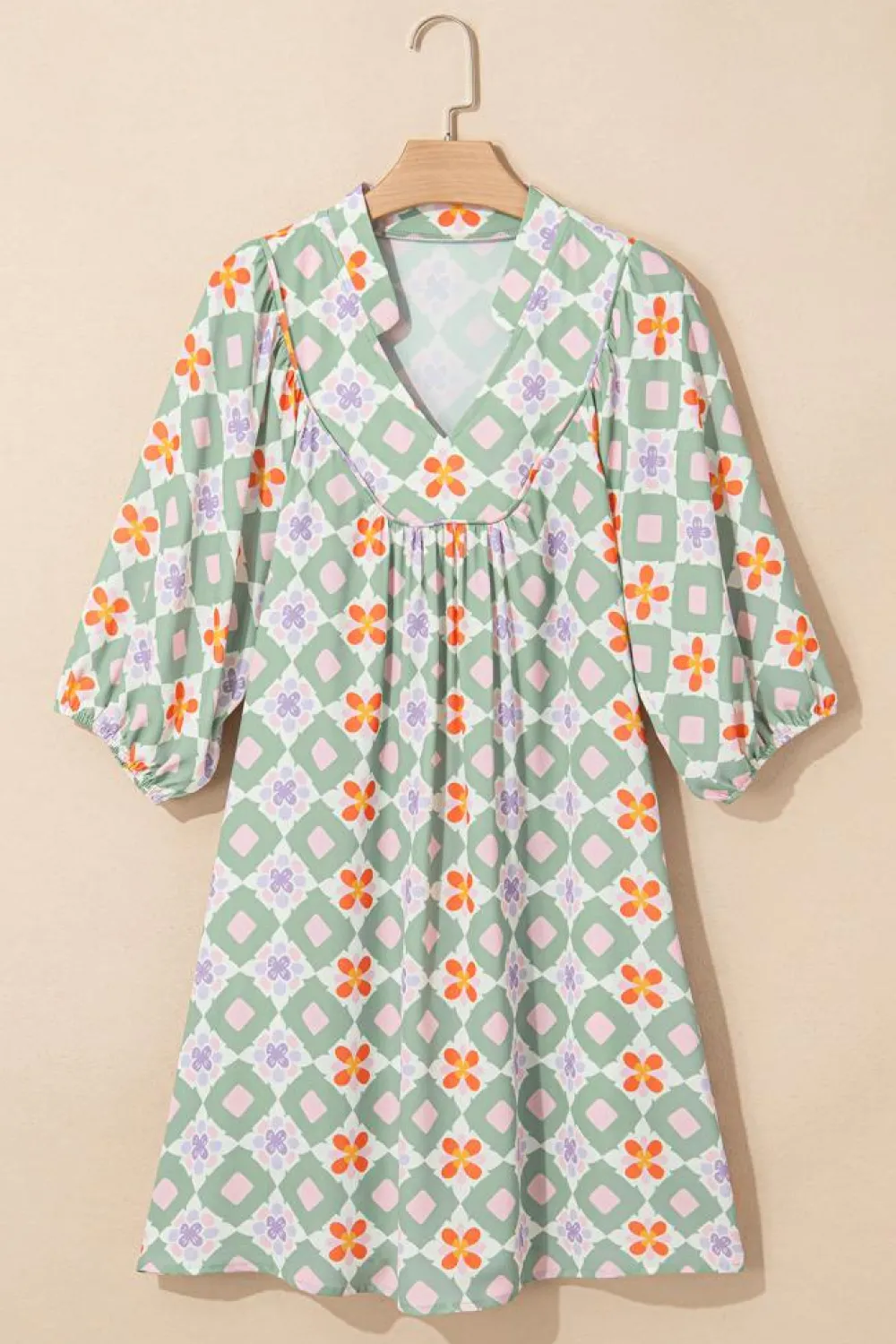 Hot Dear-Lover Geometric Floral Print 3/4 Sleeve Notched Neck Mini Dress Green