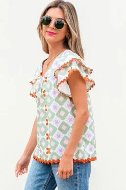 Sale Dear-Lover Geometric Floral Print Layered Flutter Sleeve V Neck Ric Rac Trim Blouse Green