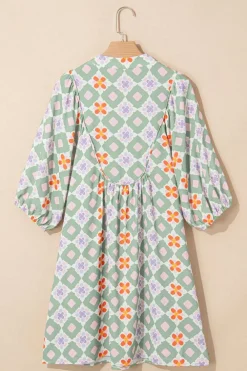 Hot Dear-Lover Geometric Floral Print 3/4 Sleeve Notched Neck Mini Dress Green