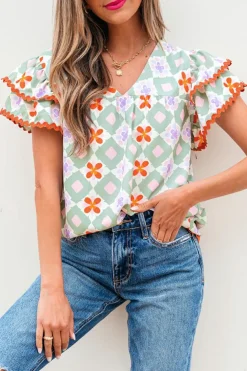 Sale Dear-Lover Geometric Floral Print Layered Flutter Sleeve V Neck Ric Rac Trim Blouse Green