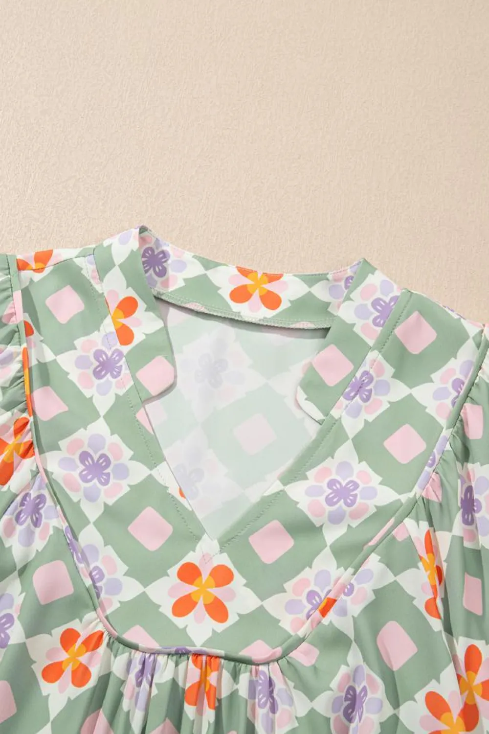 Hot Dear-Lover Geometric Floral Print 3/4 Sleeve Notched Neck Mini Dress Green