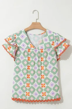 Sale Dear-Lover Geometric Floral Print Layered Flutter Sleeve V Neck Ric Rac Trim Blouse Green
