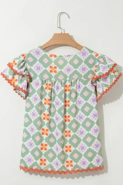 Sale Dear-Lover Geometric Floral Print Layered Flutter Sleeve V Neck Ric Rac Trim Blouse Green
