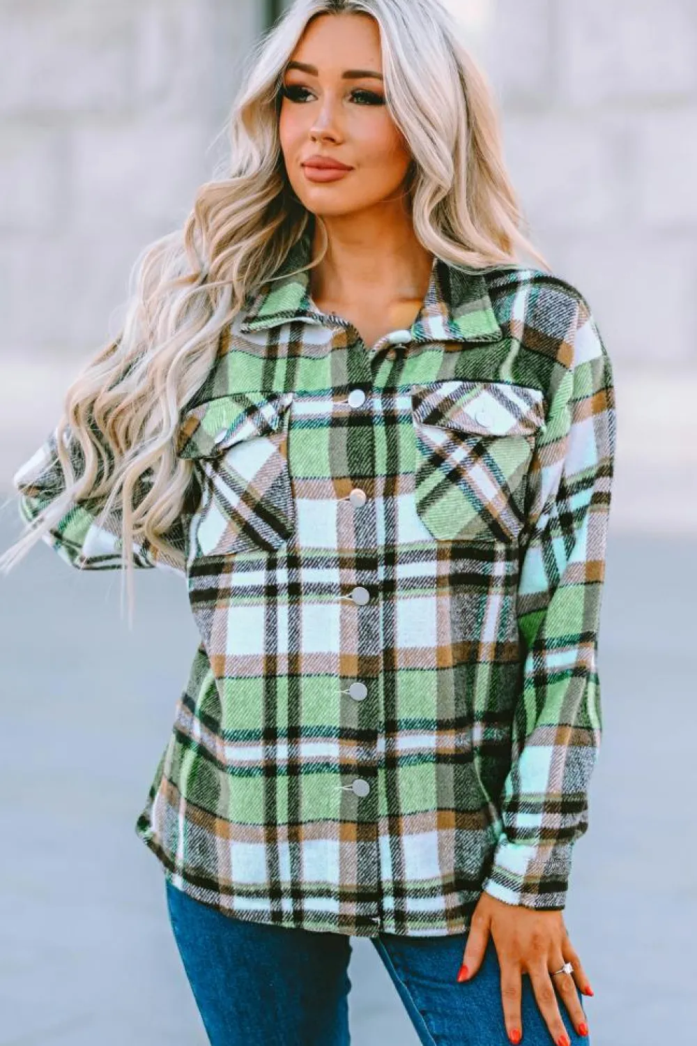 Clearance Dear-Lover Geometric Plaid Print Pocketed Shacket Green