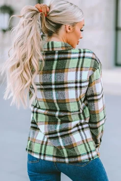 Clearance Dear-Lover Geometric Plaid Print Pocketed Shacket Green