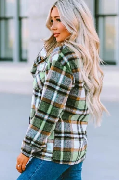 Clearance Dear-Lover Geometric Plaid Print Pocketed Shacket Green