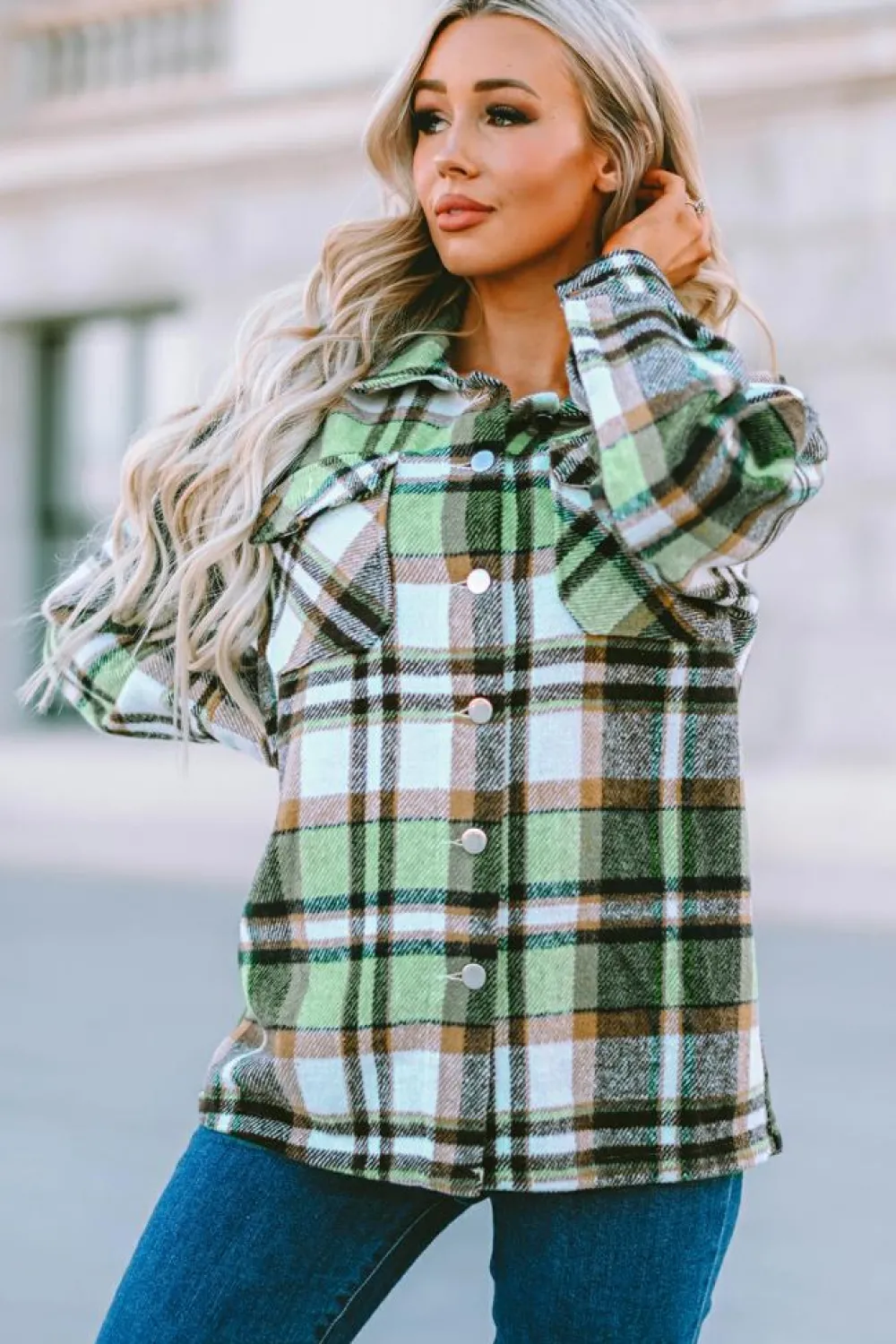 Clearance Dear-Lover Geometric Plaid Print Pocketed Shacket Green