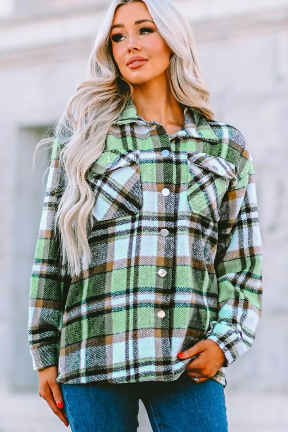 Clearance Dear-Lover Geometric Plaid Print Pocketed Shacket Green