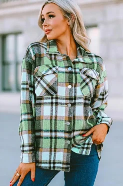 Clearance Dear-Lover Geometric Plaid Print Pocketed Shacket Green