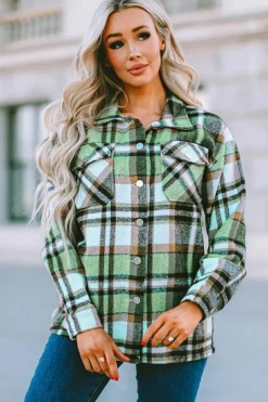 Clearance Dear-Lover Geometric Plaid Print Pocketed Shacket Green