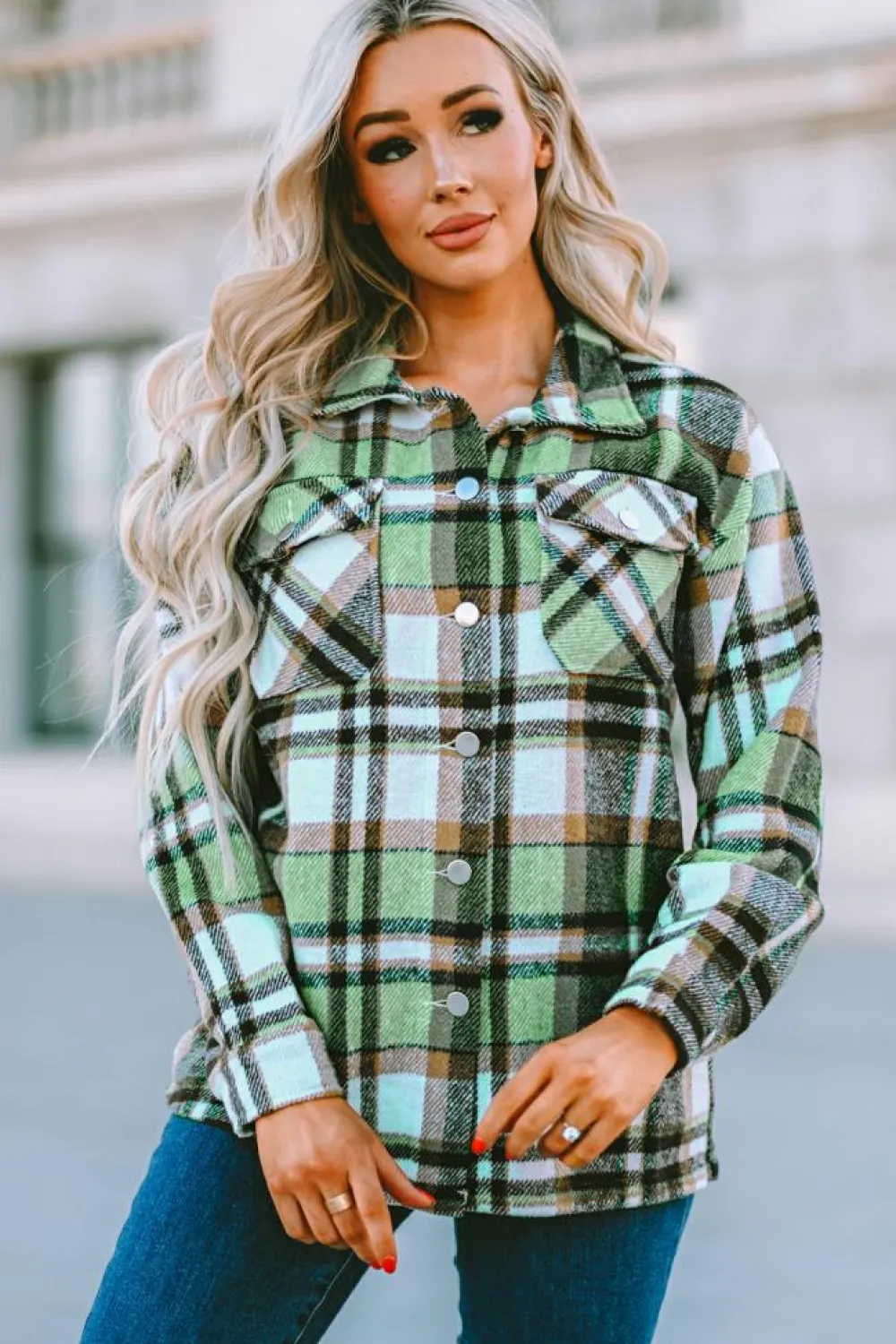 Clearance Dear-Lover Geometric Plaid Print Pocketed Shacket Green