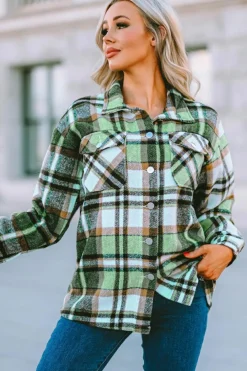 Clearance Dear-Lover Geometric Plaid Print Pocketed Shacket Green