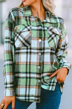 Clearance Dear-Lover Geometric Plaid Print Pocketed Shacket Green